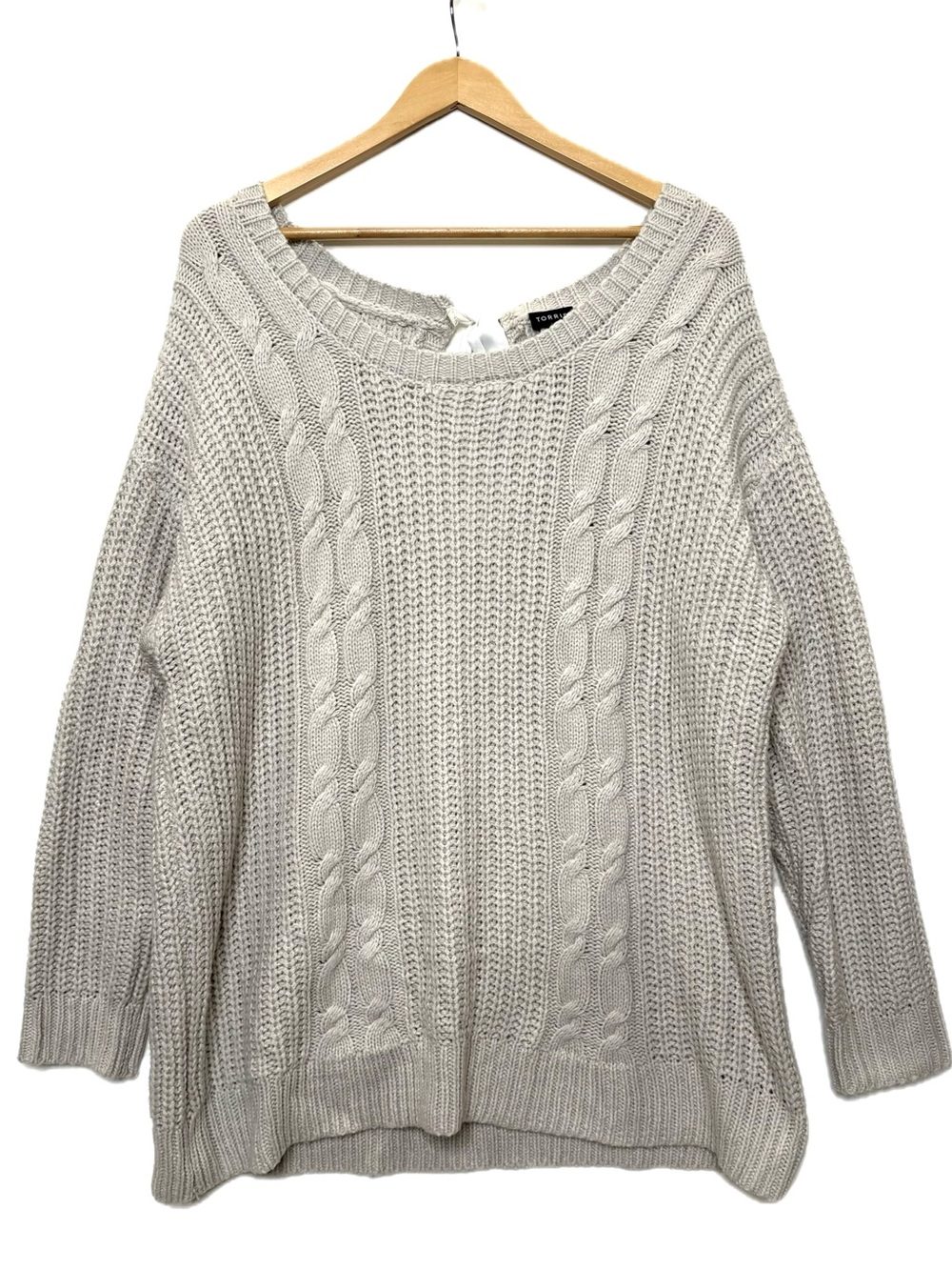 Torrid Cable Knit Ribbon Tie Back Sweater Size 3X 22/24 Taupe Slouchy Scoop Neck - Picture 2 of 10